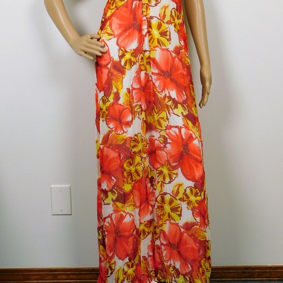Juniors Strapless Maxi Chiffon Floral Dress Coral Size M Beach Long - Picture 4 of 8